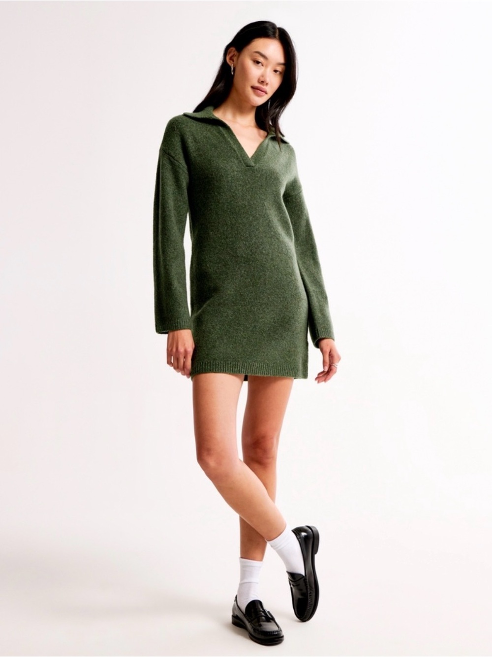 Abercrombie & Fitch Long-Sleeve Collared Mini Sweater Dress Dark Green Size S